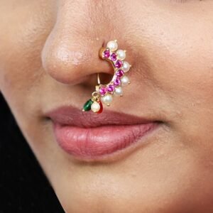 Sunflower Red Stones & Cultured Pearl Nath in 22kt Gold