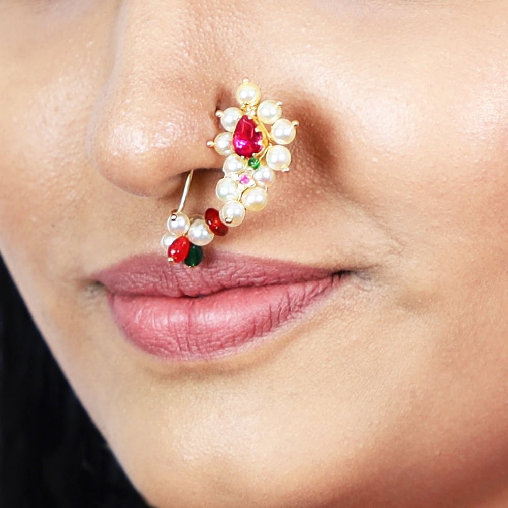 Brahmani White Pearls & Red Stone Nath in 22kt Gold